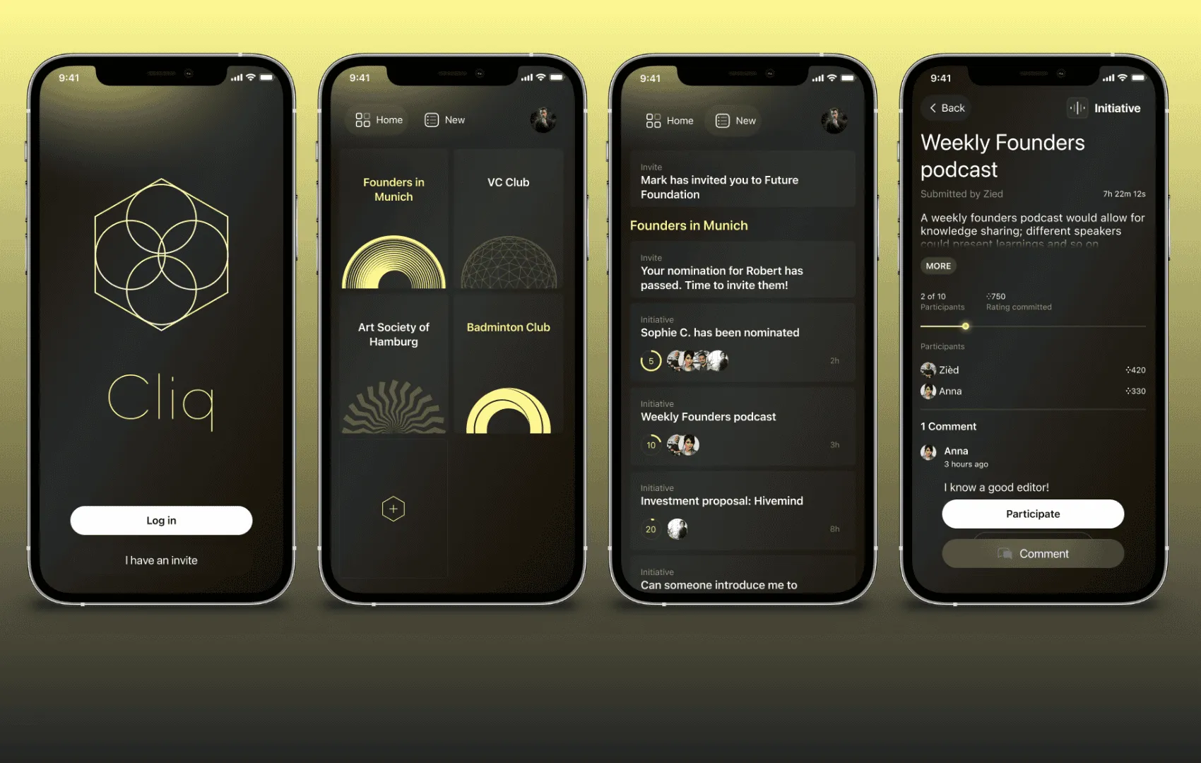 Cliq app screens