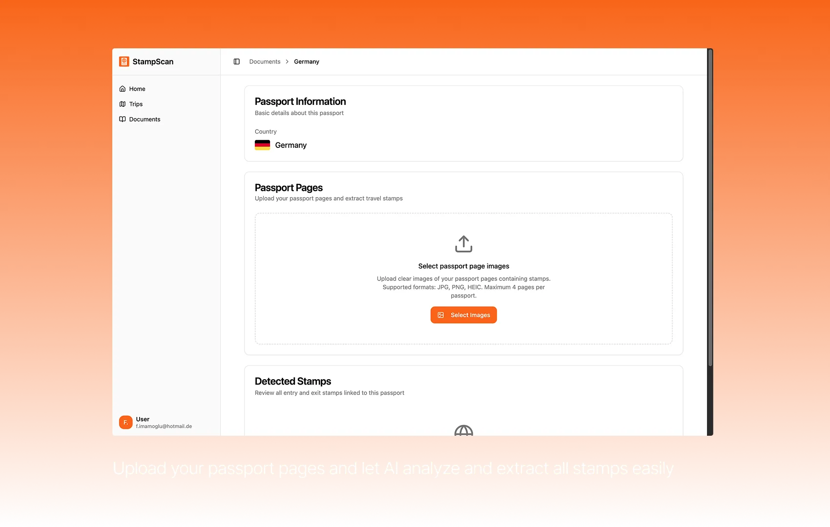 Passport pages upload with the detected stamps underneath