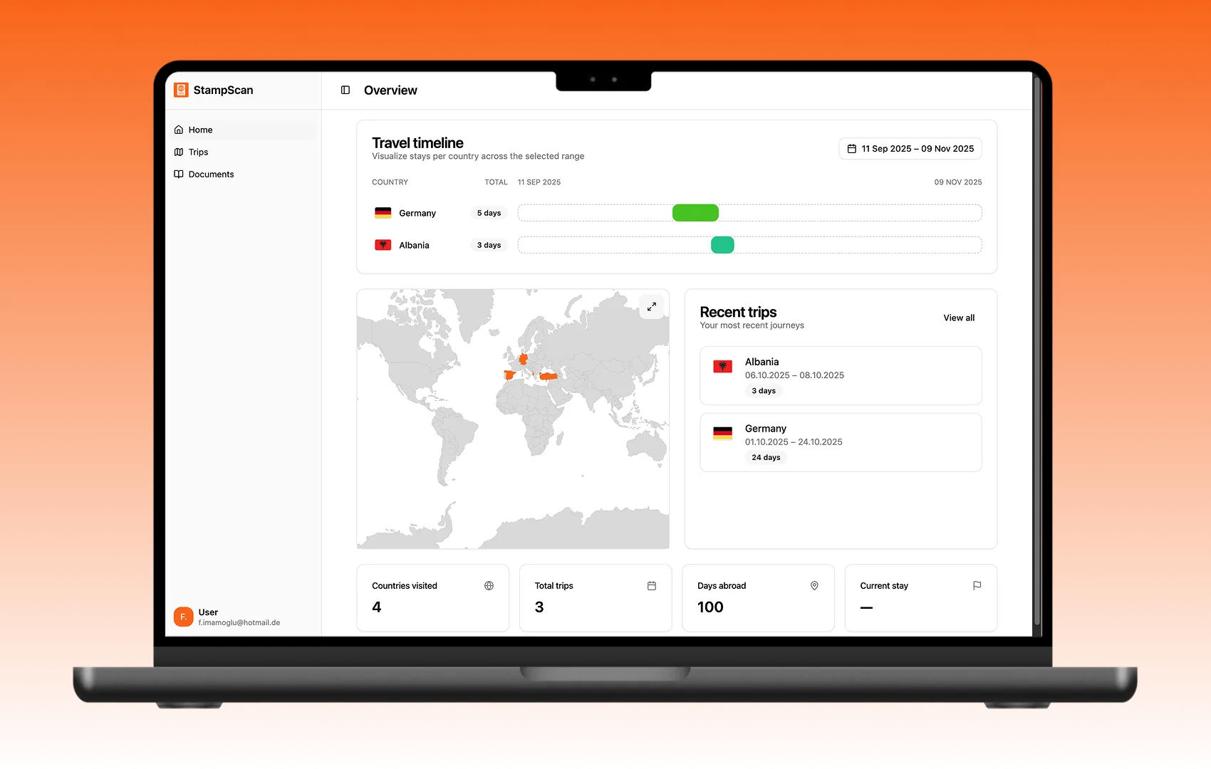 StampScan overview with travel timeline and world map